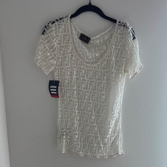 Fendi Tops - Vintage Fendi Sheer Logo-Pattern White Short-Sleeve Women’s Top